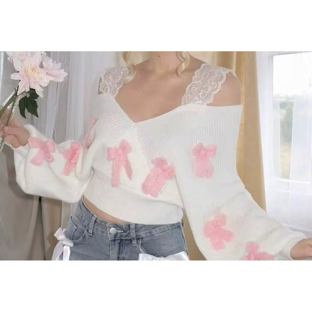 White Ribbed Off Shoulder Knit Sweater Pink 3D Bows Lace Straps Coquette